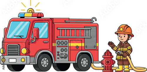 Firefighter and Fire Truck with Hydrant, Hose, and Emergency Light, Cartoon-Style Vector Illustration for Rescue and Firefighting Services
