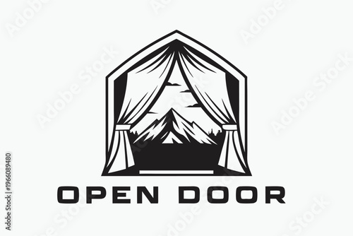 Vector Illustration of a Peaceful Morning Mountain View Through an Open Camping Tent