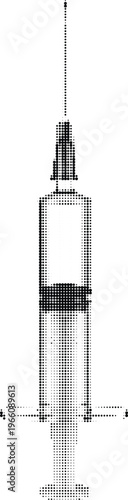 Vertical medical syringe halftone design concept with dots texture for vaccination clinics and healthcare injection tools.