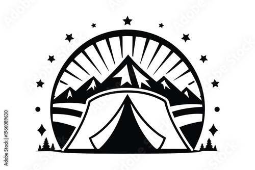 Clean Vector Line Art of a Tent Door Opening to a Scenic Mountain Landscape View