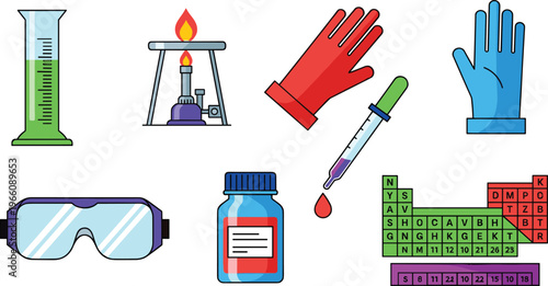 Chemical Laboratory Equipment Set with Flask, Burner, Gloves, Goggles, Pipette, and Periodic Table for Science and Education Illustrations