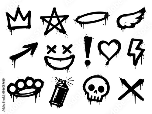 Grunge graffiti symbols set with spray paint drip effect including crown, star, arrow, heart, skull and urban street art icons isolated on white