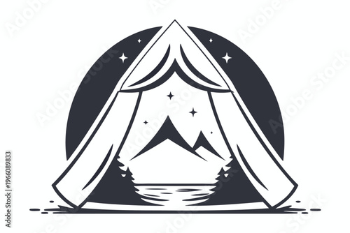 Travel and Tourism Illustration of a Tent Silhouette with a View of Nature and Mountains