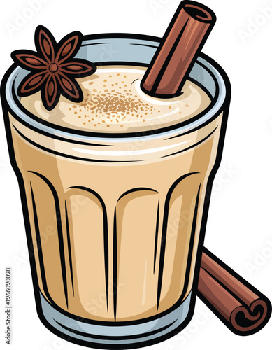 Chai latte in a glass with cinnamon stick and star anise, vector illustration of a warm spiced tea drink