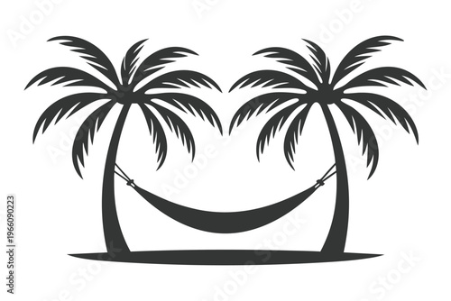 Tropical Beach Silhouette of a Hammock Between Palm Trees in Black and White