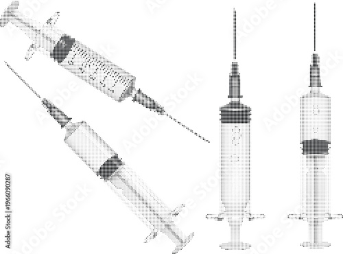 Group of medical syringes halftone design concept with dots texture for vaccination and clinical healthcare tools.
