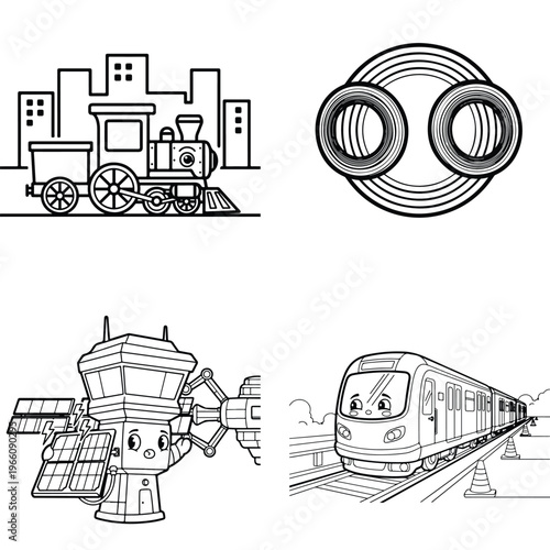 Cute trains, space satellite, and cityscape for children's coloring book line art, steam train