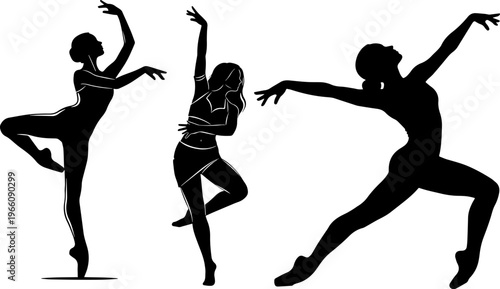 Set of silhouettes of graceful women dancing, ballet dancers and contemporary dance performers