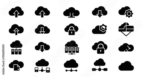 Cloud computing icons, security symbols, black cloud storage graphics, data protection signs