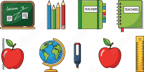 Classroom Tools and Teacher Supplies Vector Icon Set Featuring Apple, Chalkboard, Globe, Pencils, Notebooks, and Ruler for Education and Learning