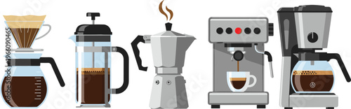 Coffee Brewing Devices Collection Featuring French Press, Moka Pot, Espresso Machine, and Drip Coffee Maker