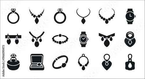 20 Black Jewelry Icons, Accessories Symbols, Vector Graphics, Modern Design Elements