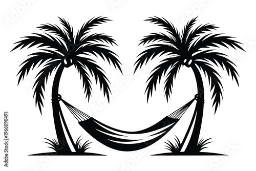 Black and White Silhouette of a Tropical Palm Tree with a Relaxing Hammock Vector Illustration