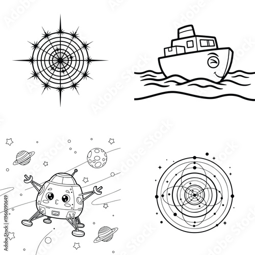 Kids coloring activity set featuring cartoon ship moon lander and intricate mandala designs