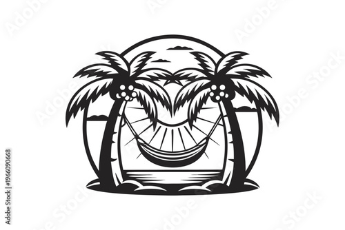 Simple Monochrome Silhouette of a Tropical Hammock Under Palm Trees Vector Icon