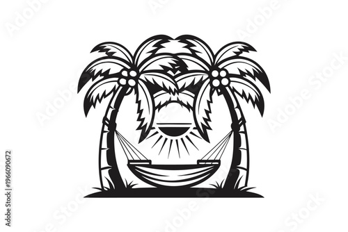 Island Paradise Silhouette featuring Palm Trees and a Hammock Vector Art Design