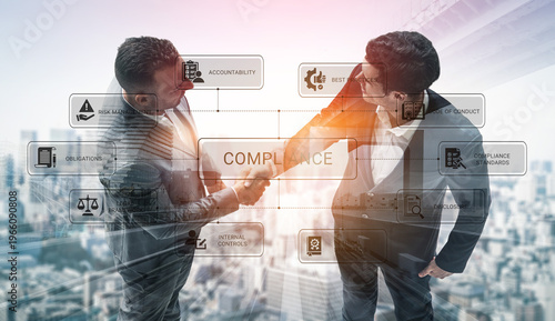 Fotografie Two businessmen shake hands with a compliance concept overlay in an urban setting, symbolizing professionalism, partnership, and the importance of ethical business practices