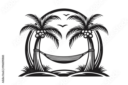 Black and White Tropical Landscape Silhouette with Palm Tree and Hammock Icon Art