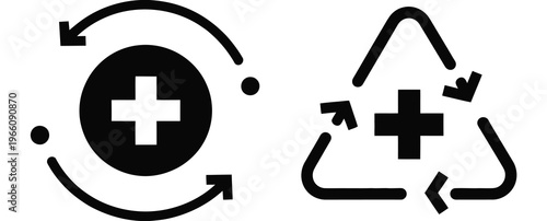 Health recovery icon set, medical plus with rising arrow sign, healthcare progress and healing concept, refresh symbol elements, clean flat design icons for hospital systems, digital health platforms,