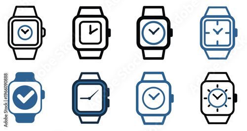 Collection of eight modern smartwatch icons in various styles and colors, including black, blue, and white.