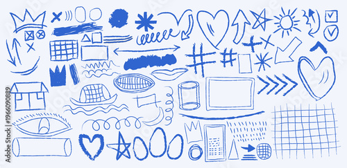 Crayon Drawn Note Doodles For A Hand Drawn Diagram - Blue Pen Scribble Ad Doodle Collection - Blue Pen Scratch Doodle And Short Phrases Collection For Hand Drawn Notes - Blue Ball Pen Ovals