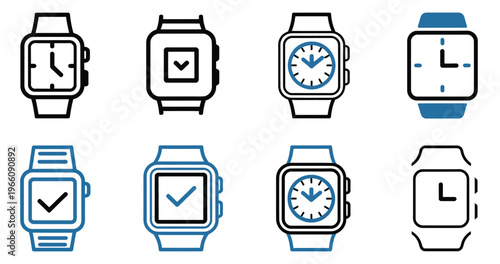 Collection of various smartwatch and wristwatch icons in different styles and colors