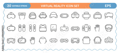 Virtual reality icon set with 30 line style elements, including VR headsets, goggles, and futuristic technology symbols.