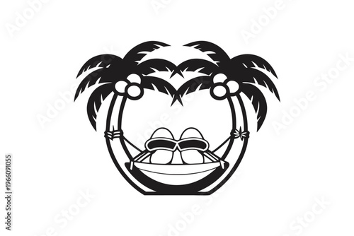 Peaceful Beach Scene Silhouette with Palm Trees and Relaxing Hammock Vector Art