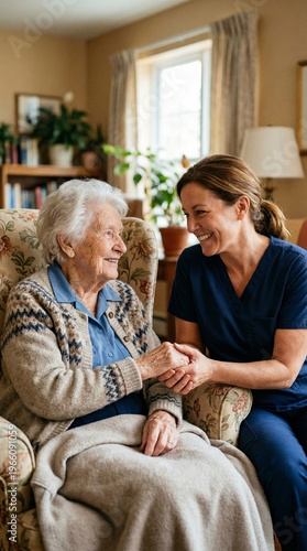 A Caregiver Comforting an Elderly Woman in a Home Setting. A professional caregiver showing kindness and compassion while providing care to an elderly woman in her home
