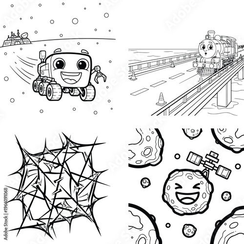 Set of cute space rover and train characters with moon and satellite line art coloring page