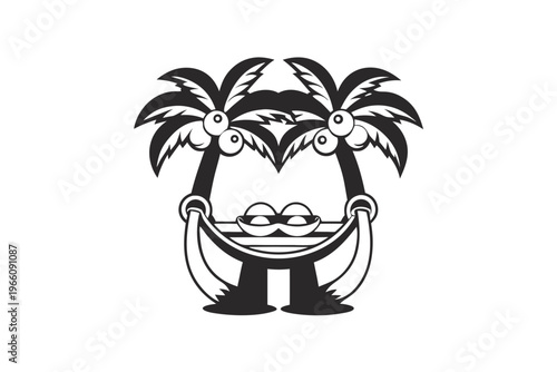 Tropical Vacation Theme Silhouette of a Hammock and Palm Trees Vector Illustration