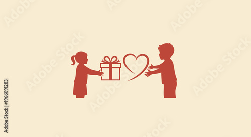 Couple exchanging gift and heart symbol.