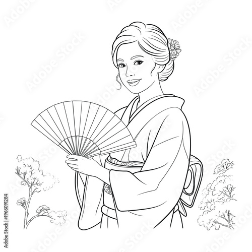 A woman in a floral dress holding a closed umbrella while smiling isolated on white background, Vector