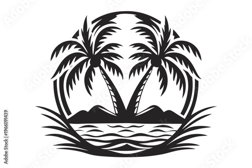 Tropical Resort Silhouette with Hammock and Palm Trees Vector Illustration Graphic