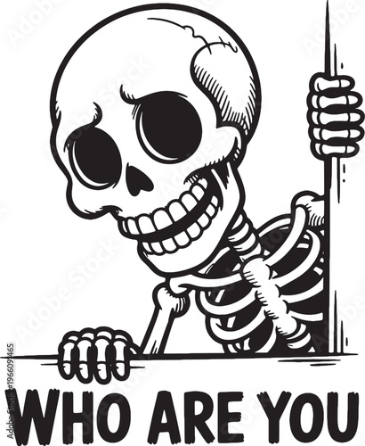 Cartoon skeleton peeking from behind a wall with a curious expression and the text who are you below, vector illustration