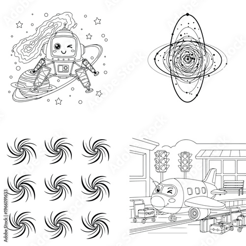 Children coloring page collection with cute astronaut airplane and spiral galaxy patterns for kids