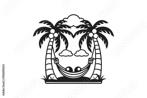 Secluded Beach Paradise Silhouette with Palm Trees and a Hammock Vector Graphic