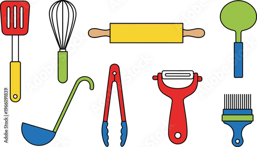 Colorful Kitchen Utensils Icons Set Featuring Spatula, Whisk, Rolling Pin, Tongs, Ladle, Peeler, and Brush for Cooking, Baking, and Kitchen Design