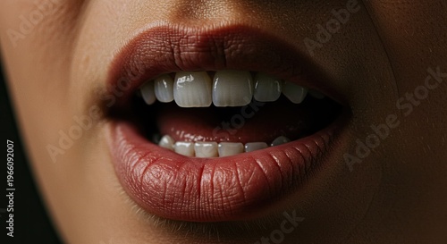 Close-up of a womans mouth with red lipstick and white teeth slightly open as if speaking or smiling.
