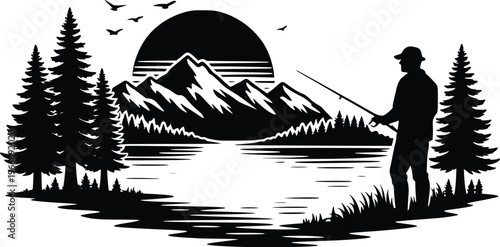 Fishing Silhouette Lake, Mountains, Sunset, Outdoors, Vector Illustration