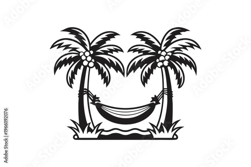 Serene Beach Scene Vector Illustration with Palm Trees and a Cozy Hammock Silhouette