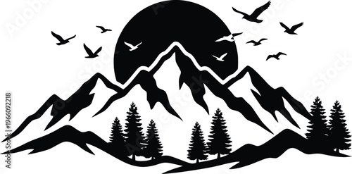 Mountain Silhouette with Birds and Sun - Nature, Adventure, Travel, Outdoor, Vector