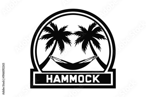 Exotic Vacation Destination Graphic: Black and White Palm Tree and Hammock Silhouette
