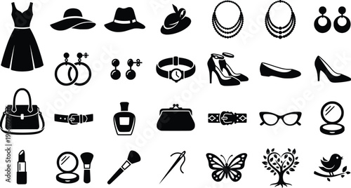 Fashion Icons Silhouette Set Dress, Accessories, Jewelry, Beauty, Vector