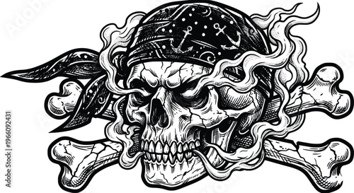 Skull and Crossbones with Bandana and Smoke, Pirate Illustration