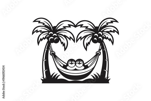 Scenic Coastal Relaxation Vector Silhouette with Palm Trees and a Swinging Hammock