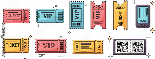Colorful Ticket Collection Featuring VIP, Cinema, and QR Code Tickets for Event and Entertainment Design Illustrations