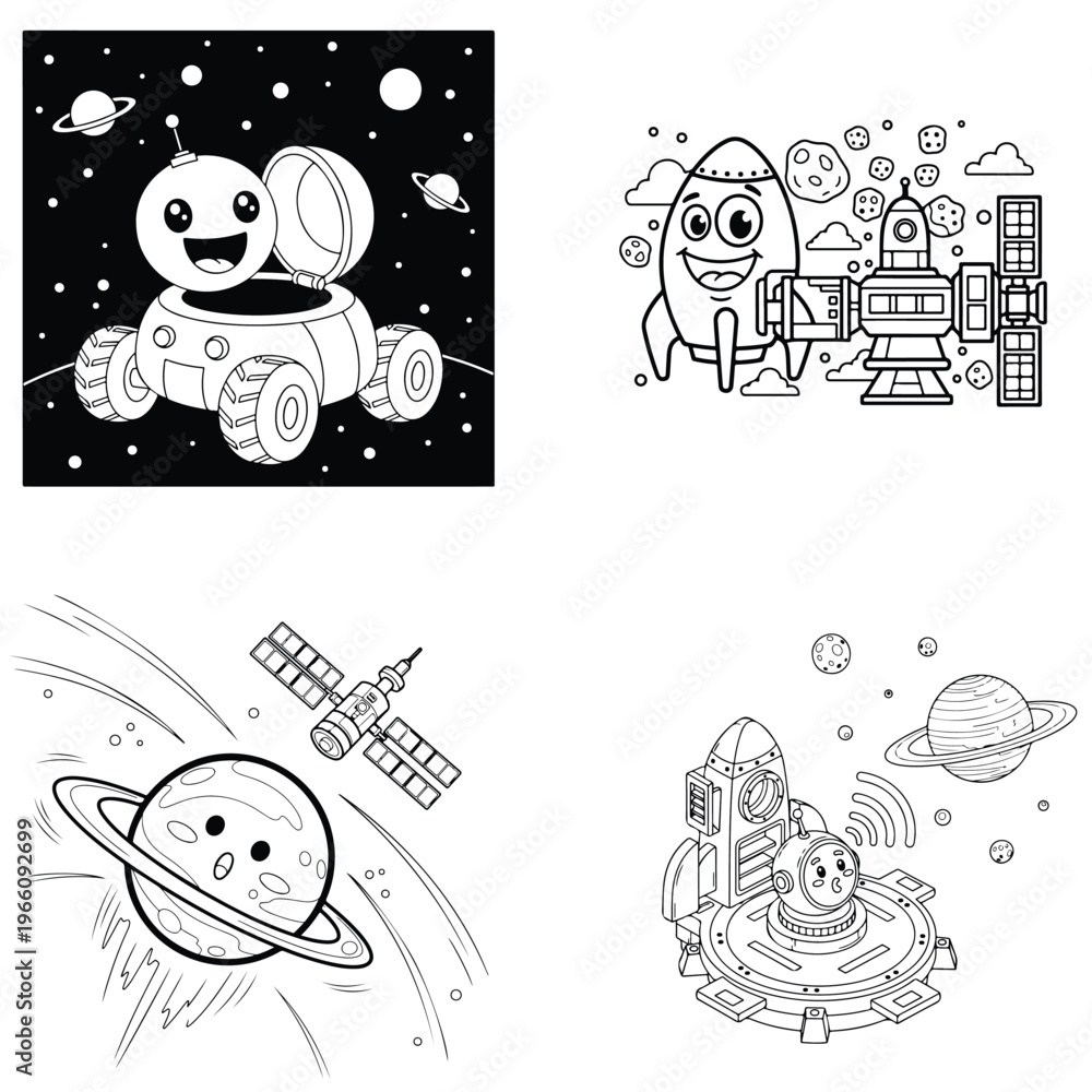 Fototapeta premium Astronaut robot and space vehicles coloring page