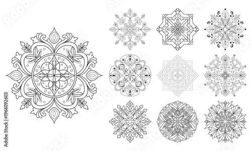Mandala Art Coloring Set. Symmetrical Geometric Patterns for Stress Relief and Creative Expression