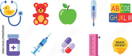 Children’s Health and Care Icons Set Featuring Stethoscope, Medicine, Apple, Syringe, and ABC Blocks for Pediatric Care and Well-being